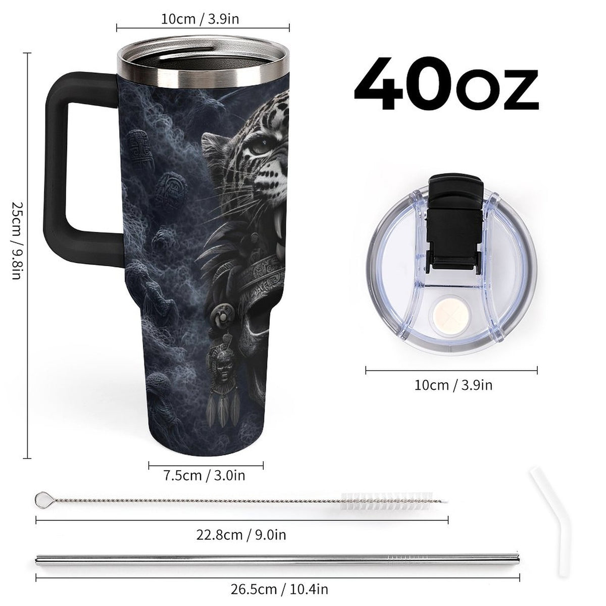 Aztec Jaguar warrior 40oz Insulated Tumbler with Handle and Straw