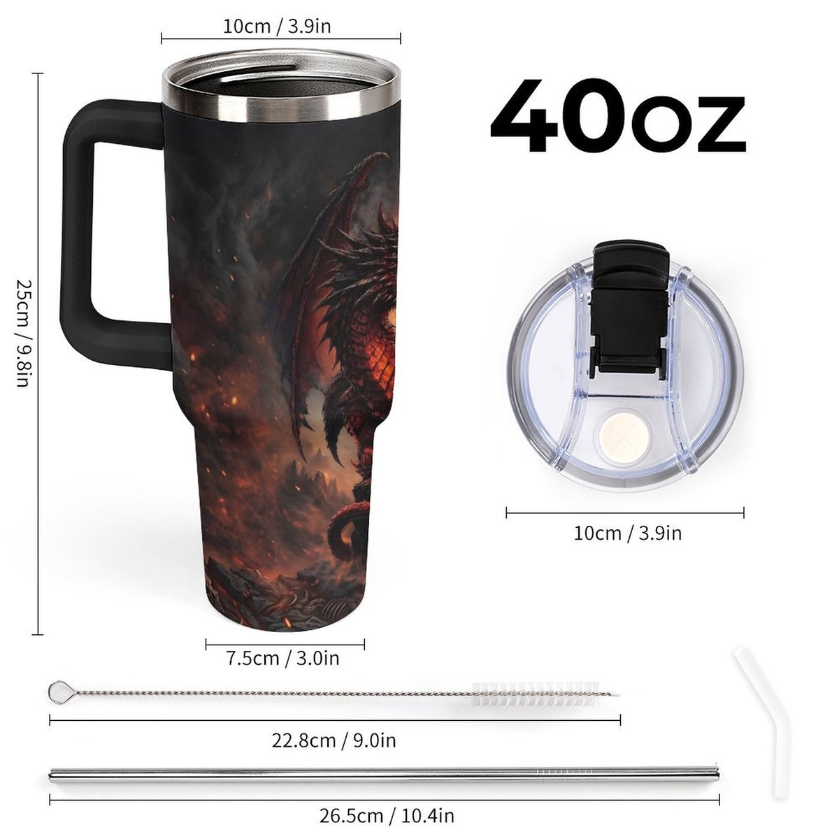 Custom Dragon 40oz Insulated Tumbler with Handle and Straw